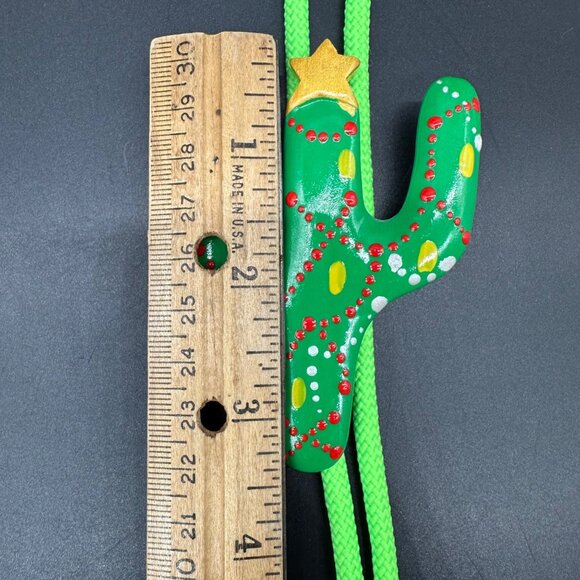 Handmade Christmas Cactus Bolo Tie Wooden Hand Painted Kitschy Ugly Western - Picture 5 of 7